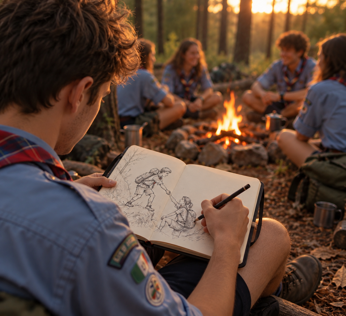 Al tramonto, attorno al fuoco del campo, un ragazzo scout disegna sul taccuino uno scout che tende la mano a una ragazza per aiutarla a rialzarsi