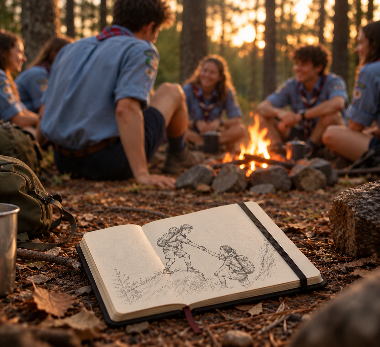 Attorno al fuoco del campo scout al tramonto, un taccuino aperto a terra mostra il disegno di uno scout che tende la mano a una ragazza per aiutarla a rialzarsi